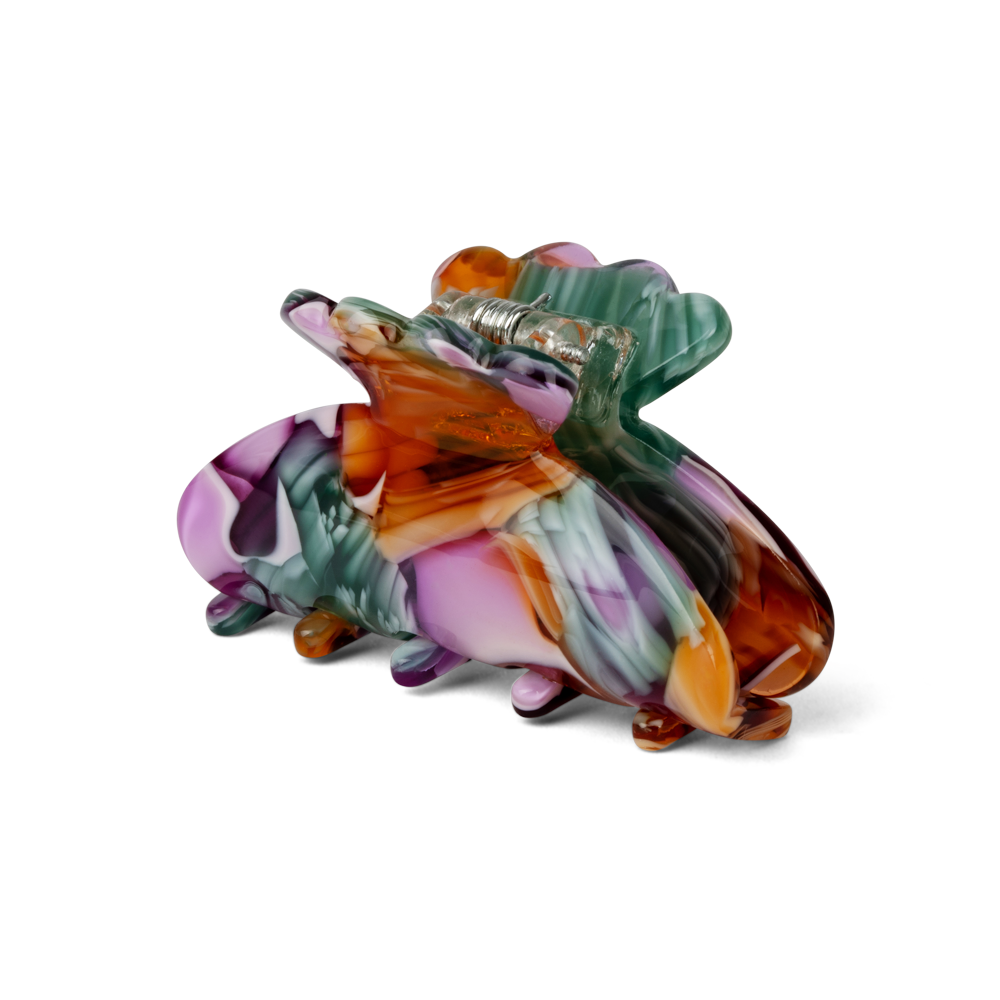 Helle Wanted Mini – Lille hårklemme med marmoreret mønster i lilla, grøn og orange

