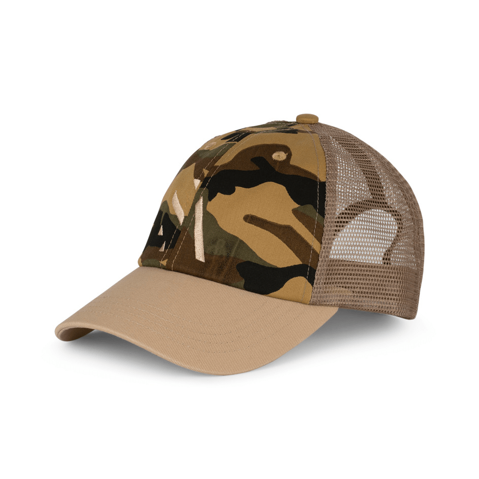 Trucker cap i camouflageprint med beige skygge og brun mesh