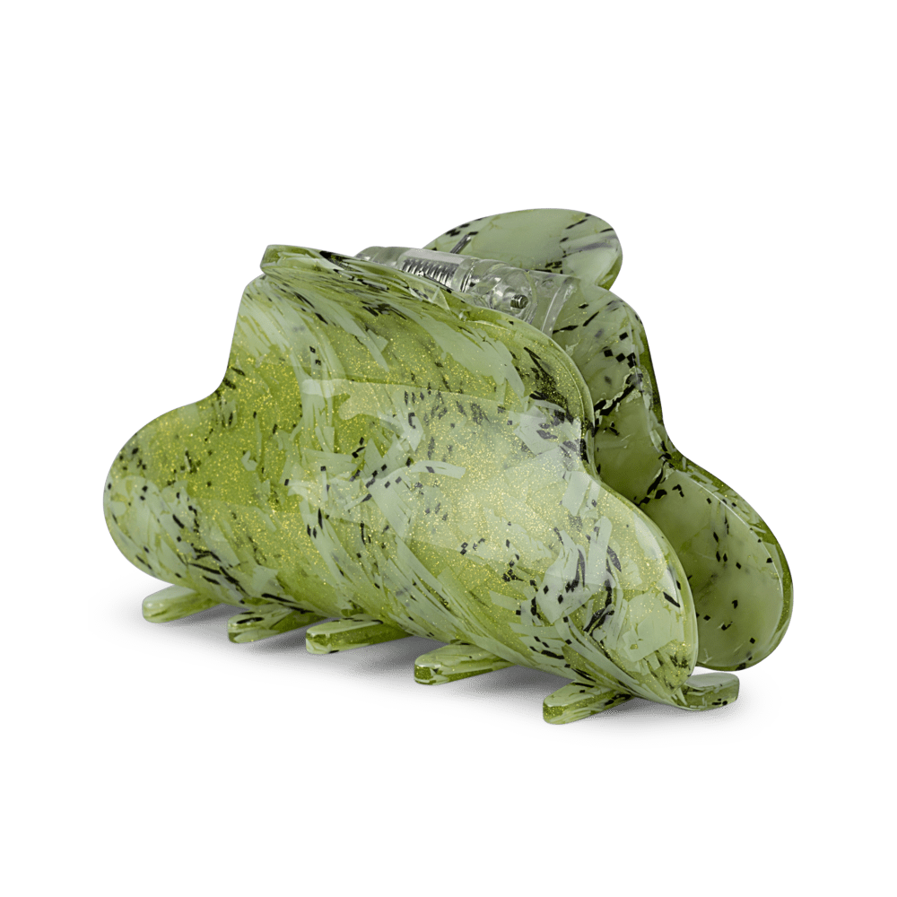 Stor grøn hårklemme med sort marmormønster og guldglimmer – Lene Mistletoe Big