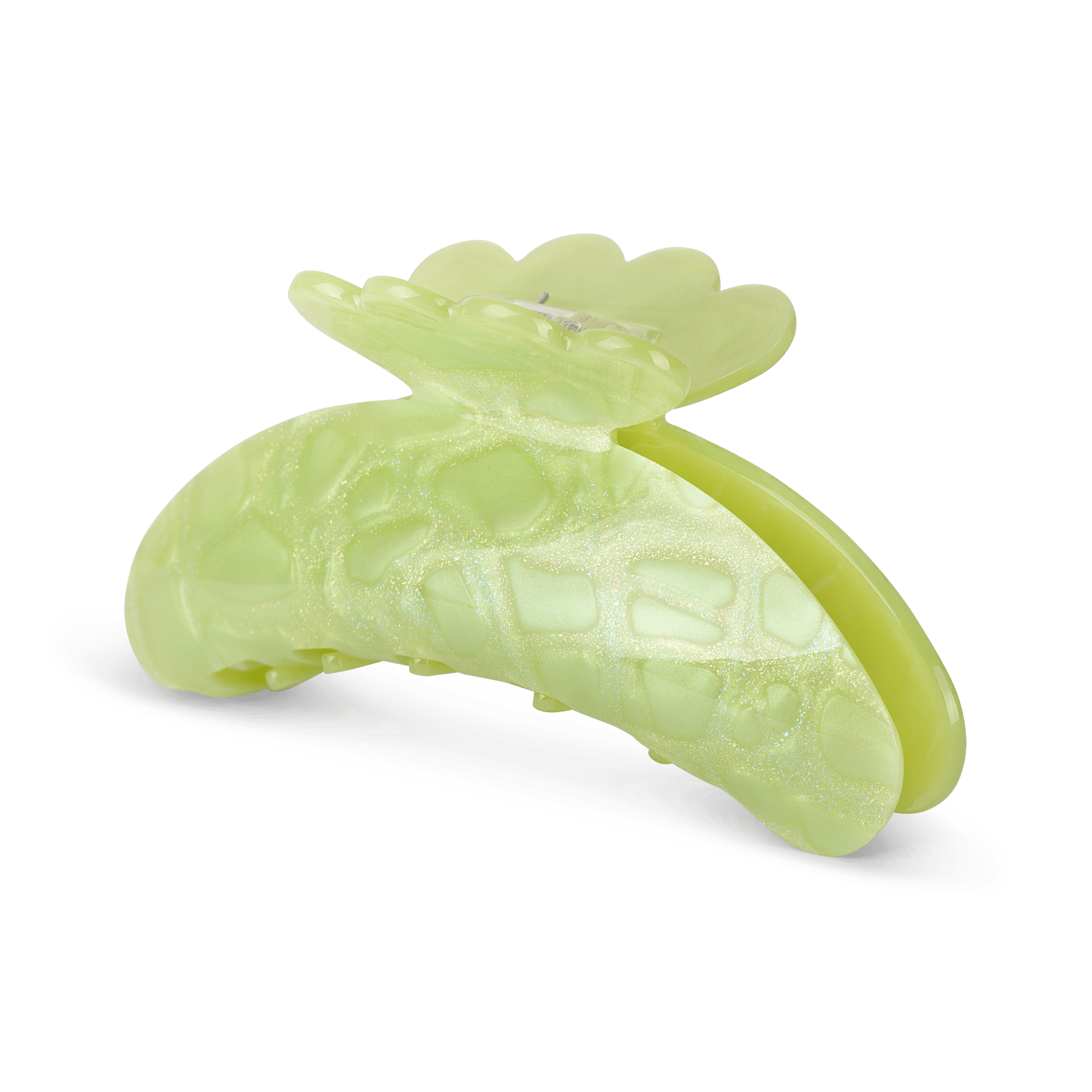 Helle Fancy Big hårklemme i lysegrøn med mønster og let glimmer – stor hårklemme med elegant design, perfekt til langt eller kraftigt hår.