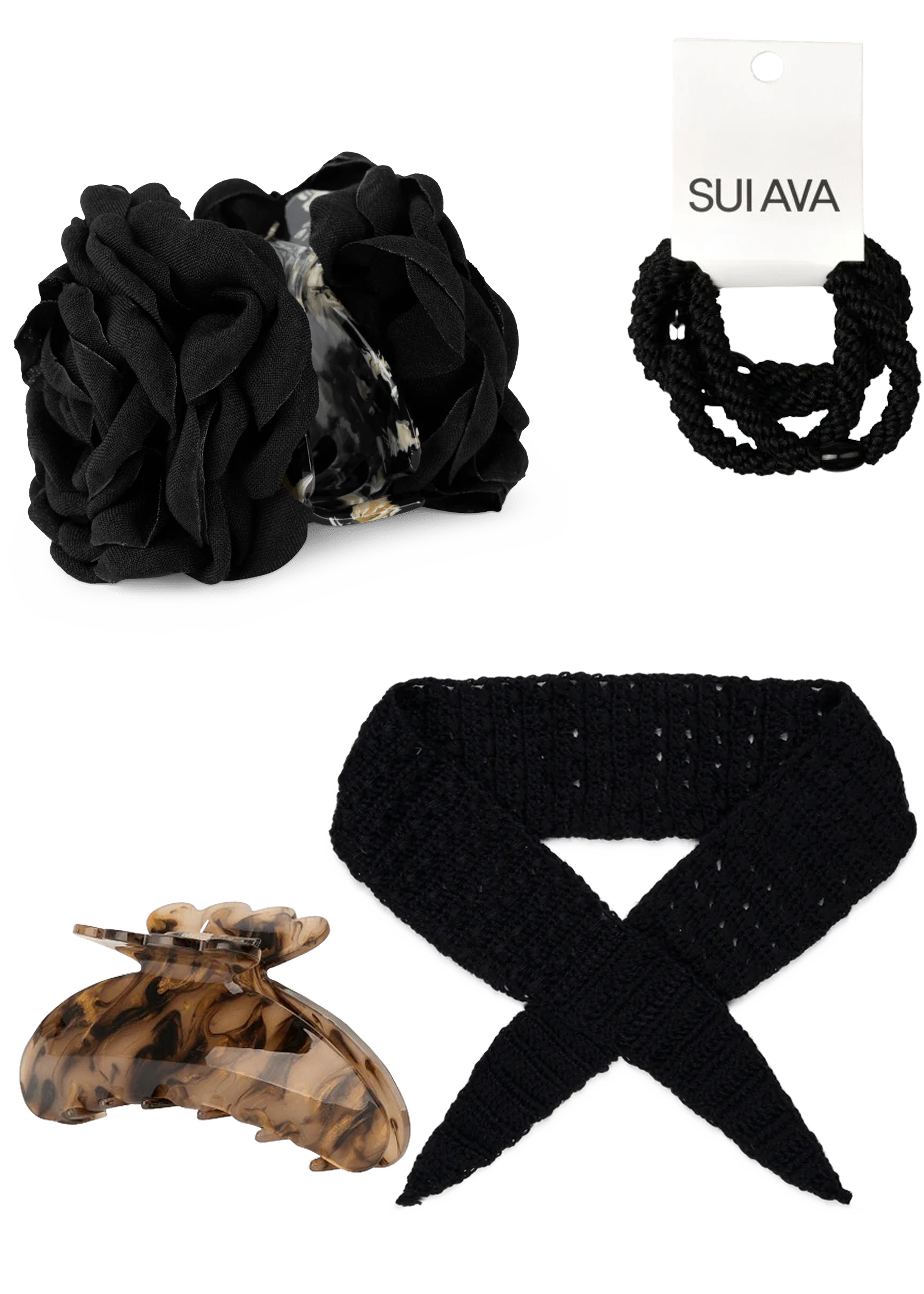 Black Bundle fra SUI AVA – hårklemmer, elastikker og tørklæde i sorte og brune nuancer