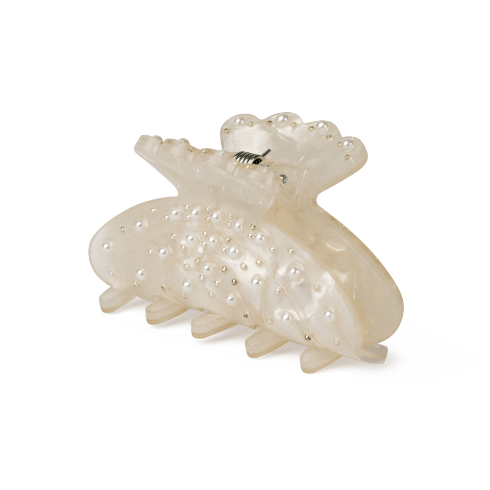Helle Pearly Mini hårklemme i cream – lille hårklemme med klassisk design og perledetaljer, perfekt til at holde små sektioner af håret på plads.