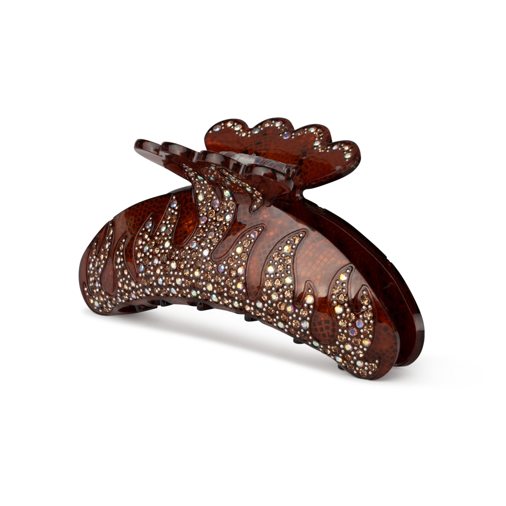 Helen Fire Up Middle hårklemme i brun med flammer og rhinsten – mellemstor hårklemme med et unikt og iøjnefaldende design.