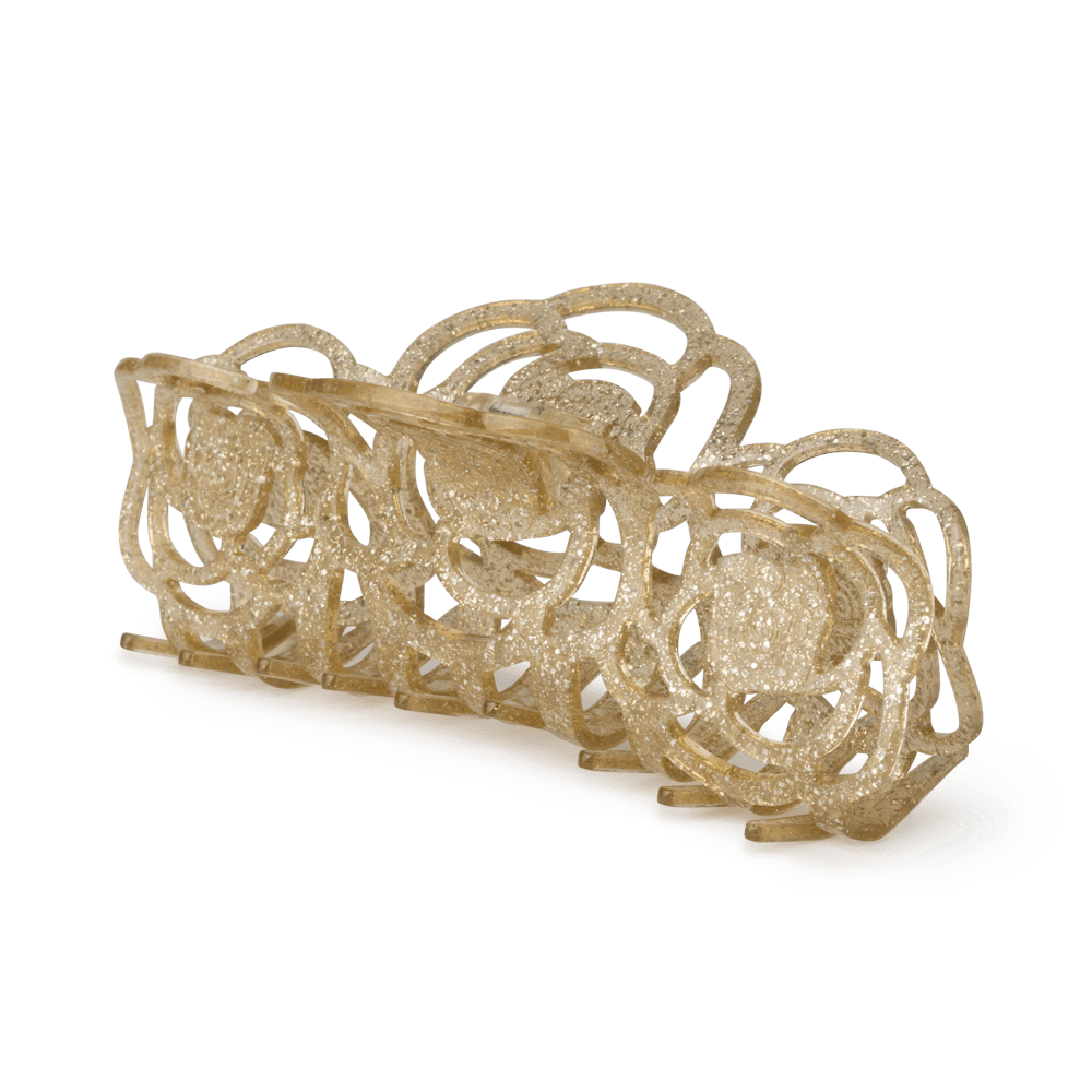 Rosie Giga hårklemme i guldglitter – stor, funklende hårklemme med rosemotiver, perfekt til langt og kraftigt hår.