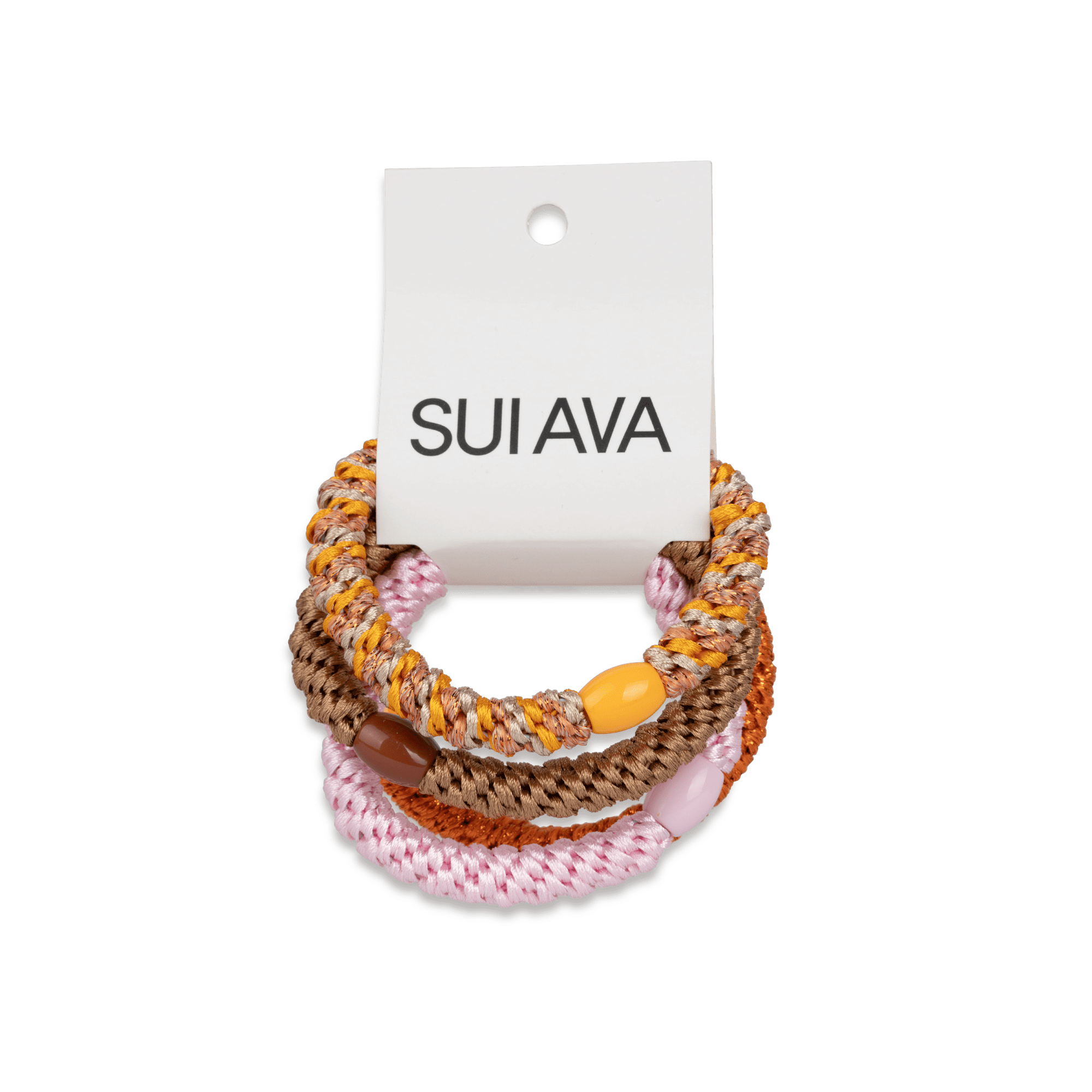 4-Pack Basic Essentials Elastics – sæt med fire hårelastikker i orange, brun, lyserød og stribet. Skånsomme mod håret og ideelle til hestehaler, knolde og fletninger.