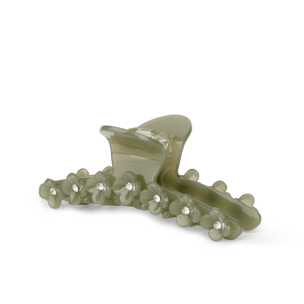 Bright Flower Clip i Cool Matcha – elegant hårklemme med små blomster og rhinsten, perfekt til at tilføje et feminint touch til din frisure.