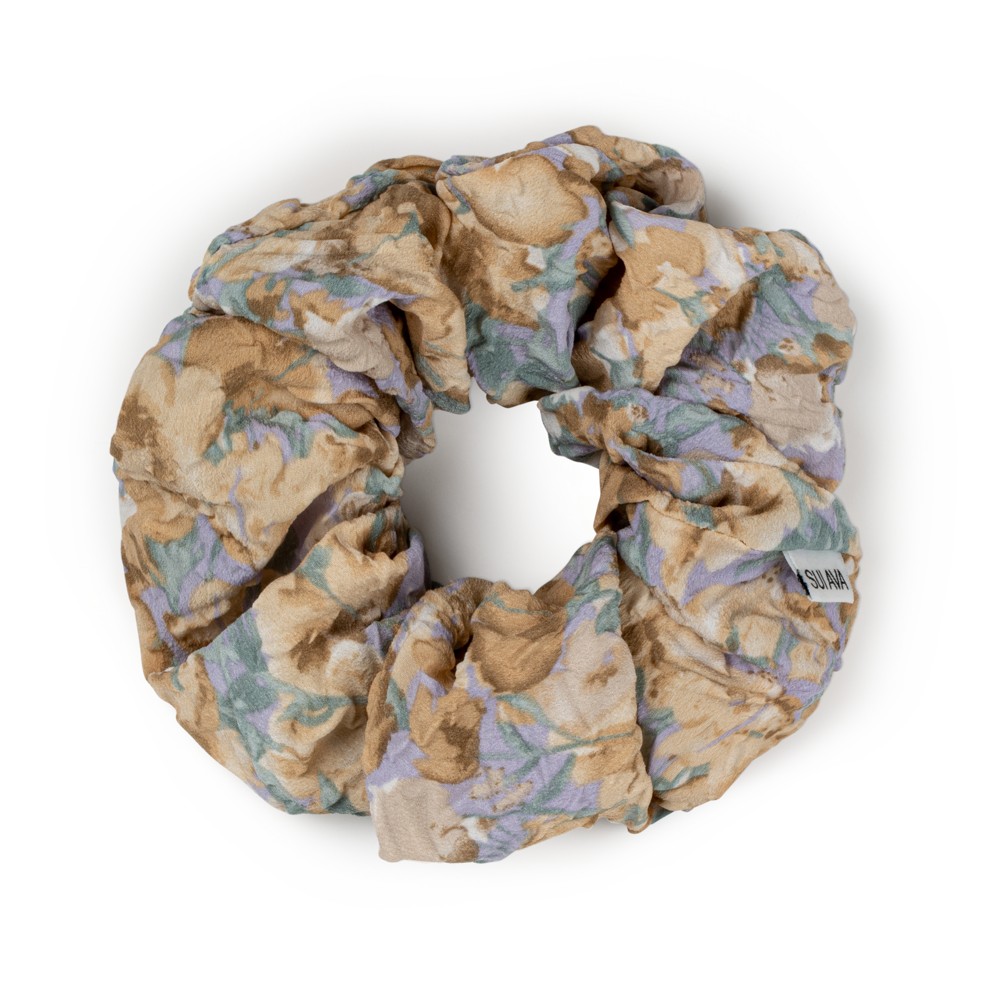 Julie Wildflower Scrunchie i lysebrun – Scrunchie med blomstermønster i beige, lilla og grønne toner.