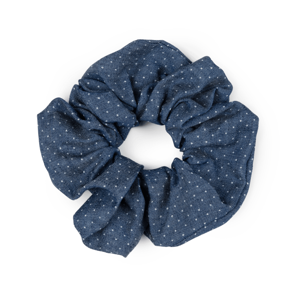 Denim Scrunchie – mørkeblå hårelastik med prikker
