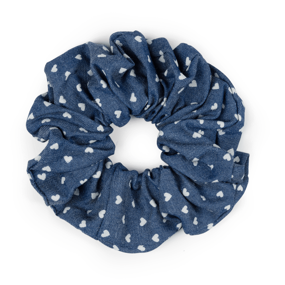 Denim Scrunchie med blå denim og hvide hjerter