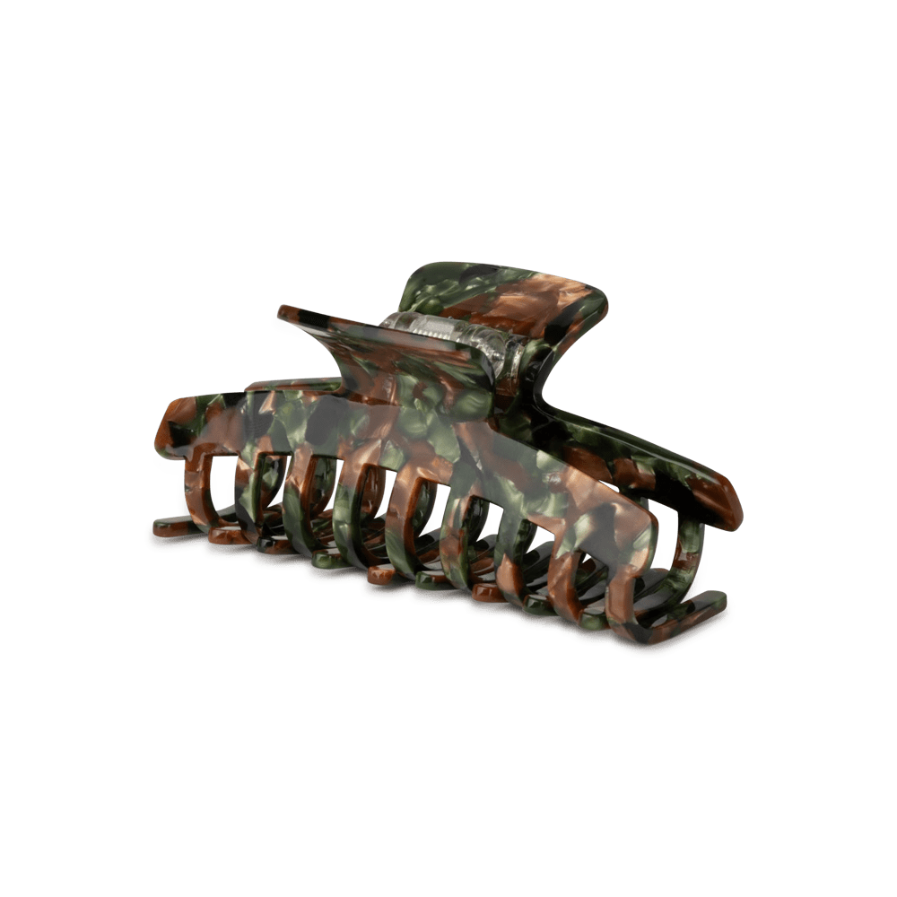 Stor hårklemme med army-camouflage mønster i grønne, brune og sorte nuancer