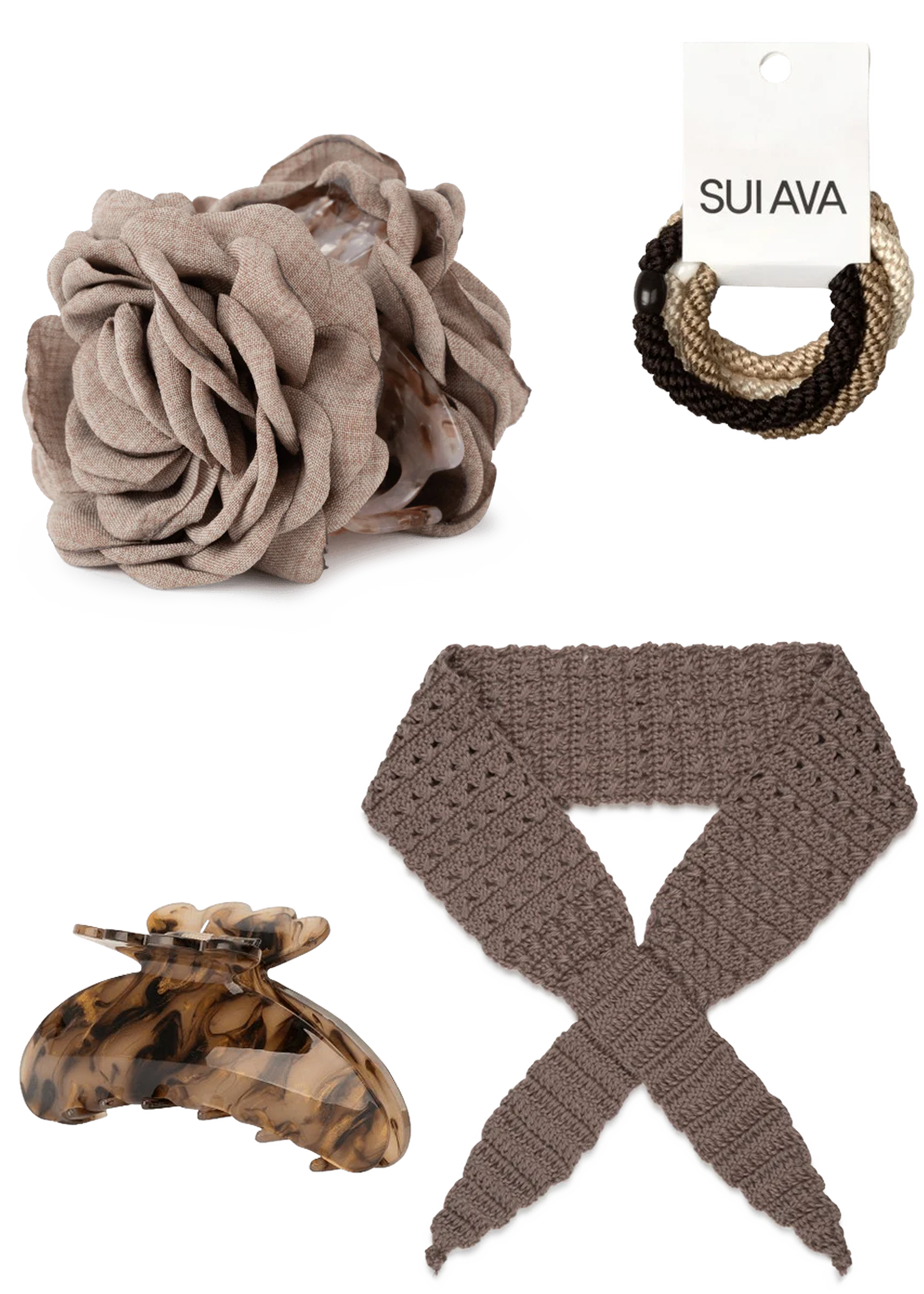 Taupe Bundle med hårklemmer, scarf og elastikker i dæmpede, brune nuancer fra SUI AVA