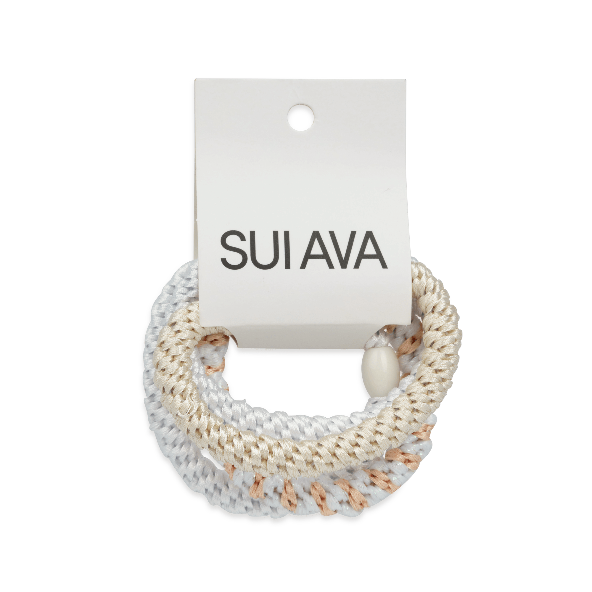 4-Pack Basic Essentials Elastics – sæt med fire hårelastikker i hvid, beige, stribet og lysegrå. Skånsomme mod håret og ideelle til hestehaler, knolde og fletninger.