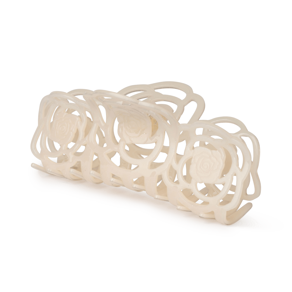 Rosie Giga hårklemme i cream – stor, let gennemsigtig hårklemme med rosemotiver, perfekt til langt og kraftigt hår.