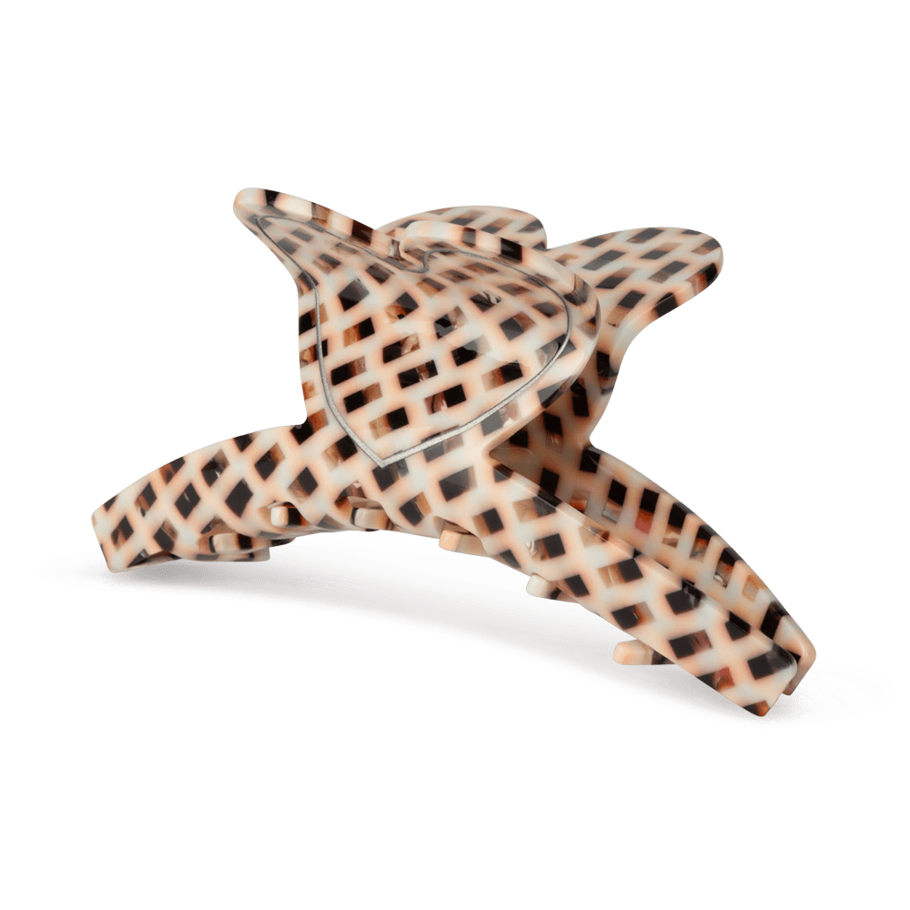 Stor hjerteformet hårklemme med sort, brun og beige ternemønster og buet form