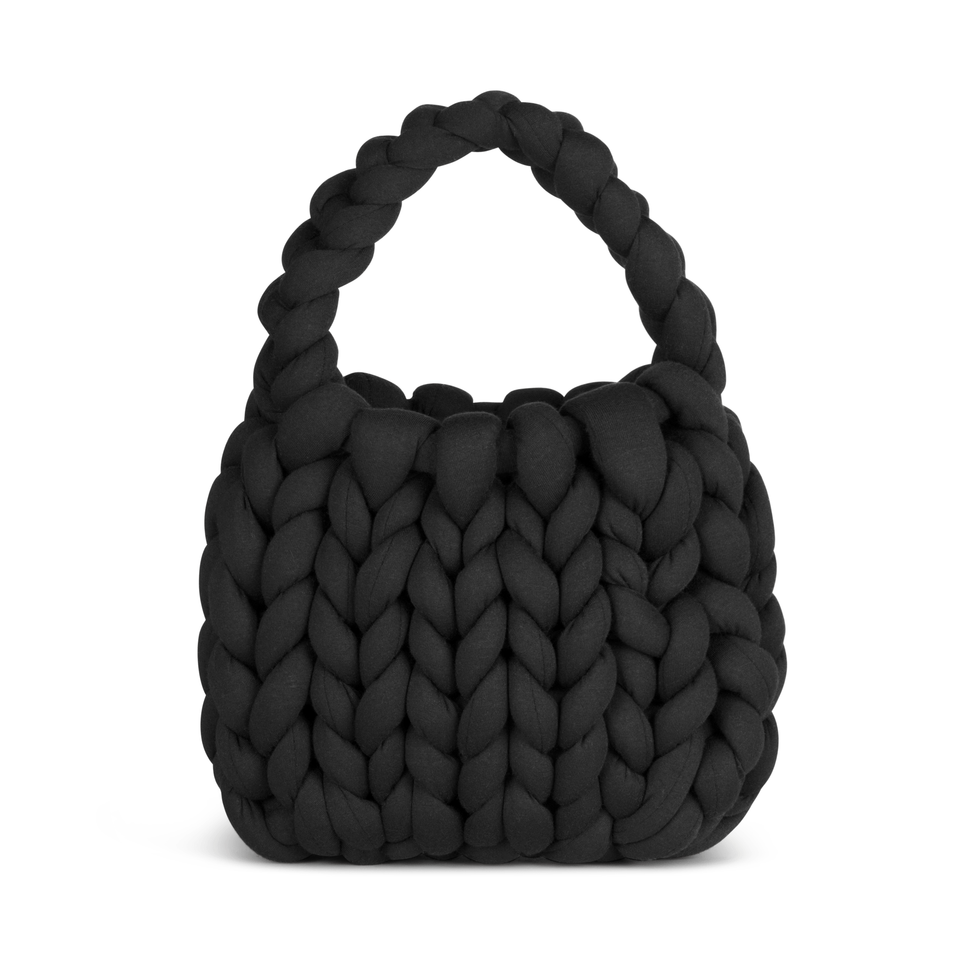 Sort taske med blød, chunky flet og kort hank – fra SUI AVA