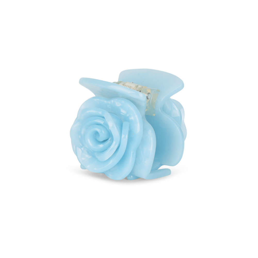 Rosie Mini hårklemme i lyseblå – lille hårklemme formet som en rose, ideel til fint hår eller små sektioner. Elegant og dekorativt design.